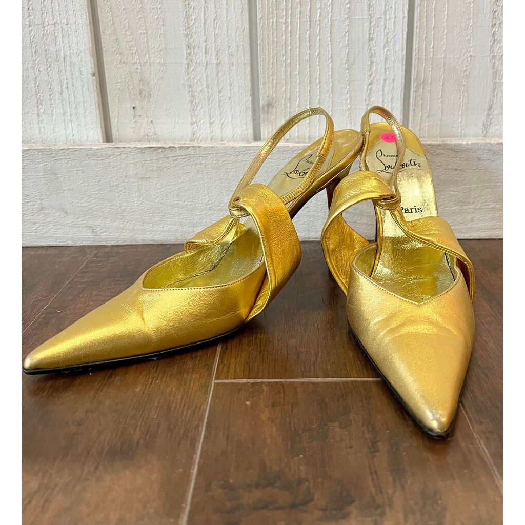 Christian Louboutin Gold Sling Back Heels Size 37 Chic Boutique Consignments