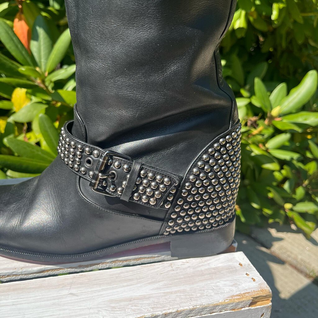 Christian Louboutin Studded Buckle Leather Biker Boots Size 37.5 Chic Boutique Consignments